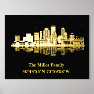 gold US skyline longitude latitude New Orleans Foil Prints