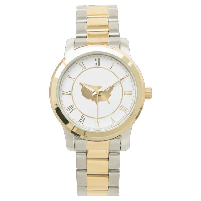 Gold USA Map with Roman Numerals Watch (Front)