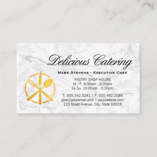 Gold Utensils Logo  Marble Background Business Card