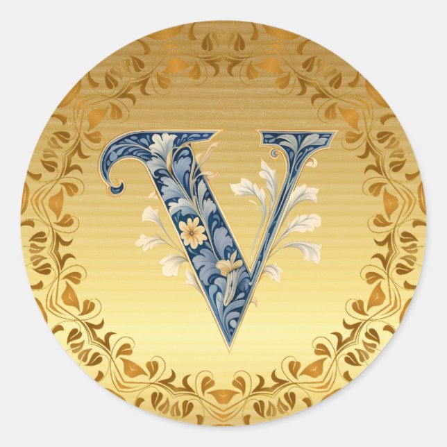 Gold V Monogram Classic Round Sticker (Front)