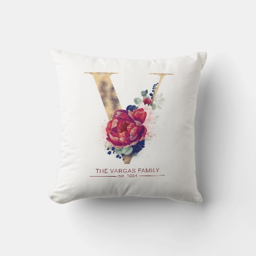 Gold V Monogram Floral Burgundy Red and Navy Blue Throw Pillow