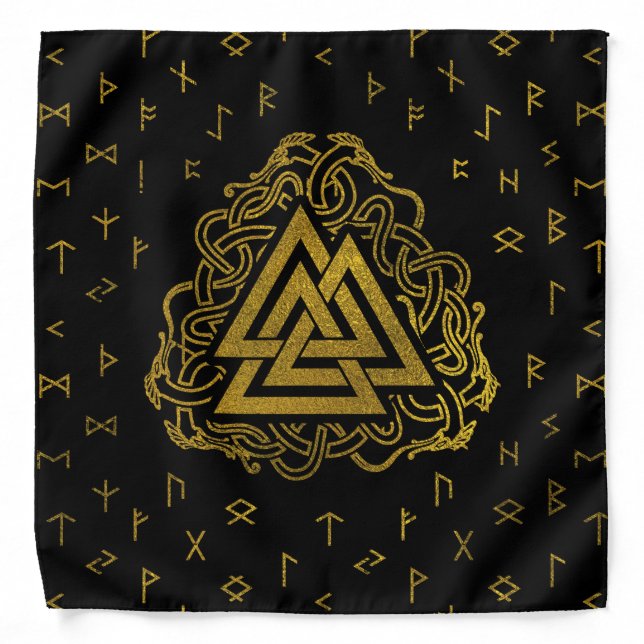 Gold Valknut Symbol on Runes Pattern Bandana (Front)