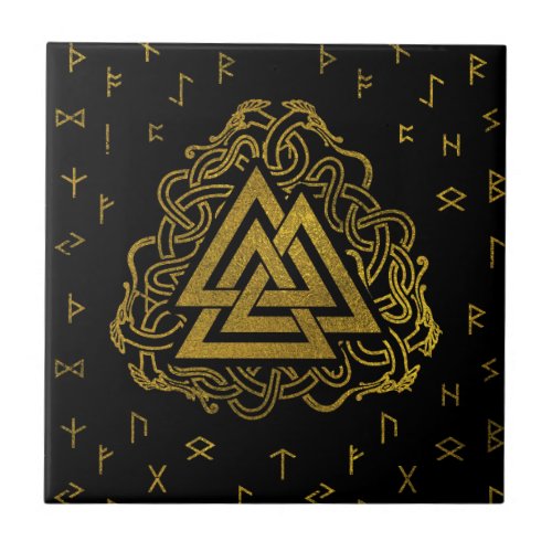 Gold Valknut Symbol on Runes Pattern Ceramic Tile