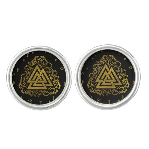 Gold Valknut Symbol on Runes Pattern Cufflinks