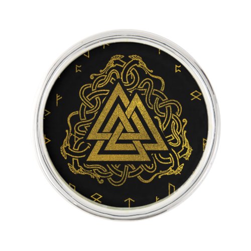 Gold Valknut Symbol on Runes Pattern Lapel Pin