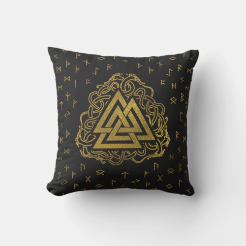 Gold Valknut Symbol on Runes Pattern Outdoor Pillow