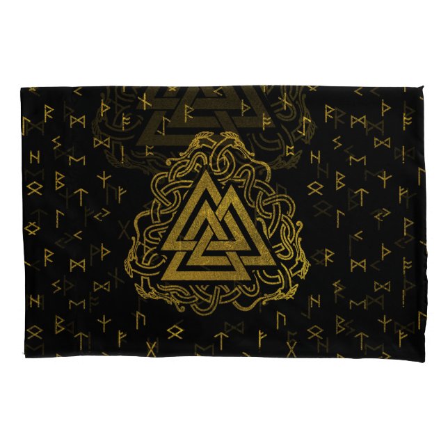 Gold Valknut Symbol on Runes Pattern Pillowcase (Front)