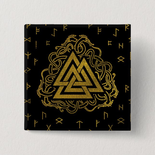 Gold Valknut Symbol on Runes Pattern Pinback Button (Front)