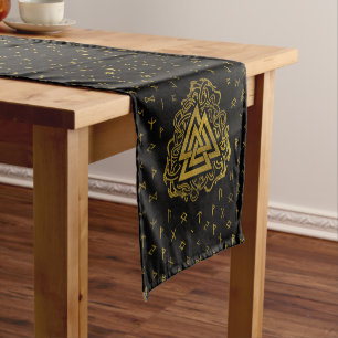 Gold Valknut Symbol on Runes Pattern Short Table Runner