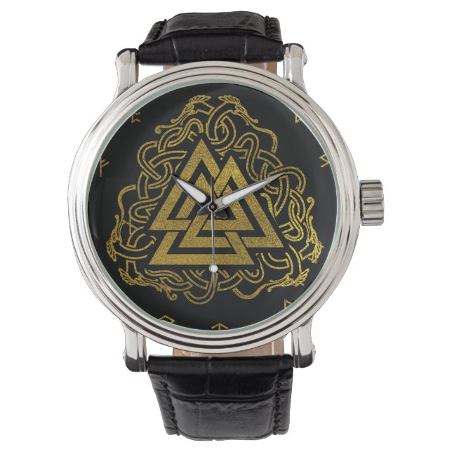 Gold Valknut Symbol on Runes Pattern Watch (Front)