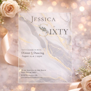 Gold Vein Marble Floral Monogram 60th Birthday Acrylic Invitations