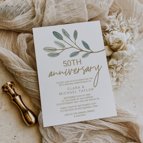 Gold Veined Eucalyptus 50th Wedding Anniversary Invitation
