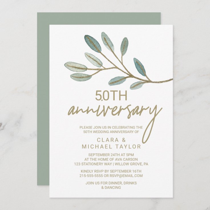 Gold Veined Eucalyptus 50th Wedding Anniversary Invitation | Zazzle