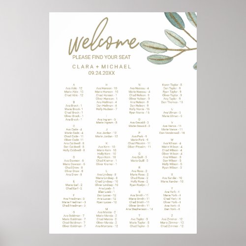 Gold Veined Eucalyptus Alphabetical Seating Chart