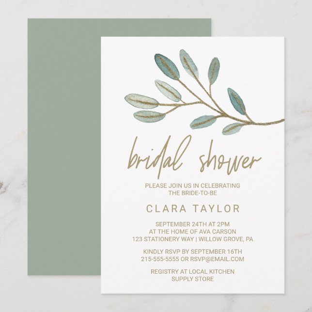 Gold Veined Eucalyptus Bridal Shower Invitation (Front/Back)