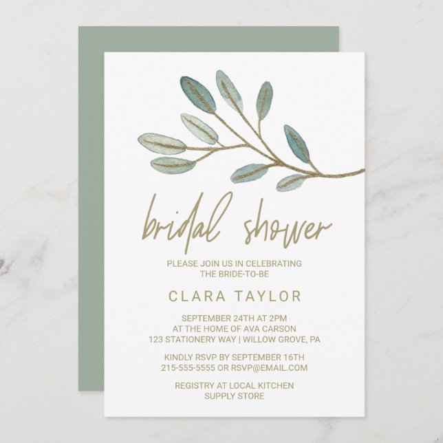 Gold Veined Eucalyptus Bridal Shower Invitation (Front/Back)