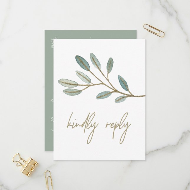 Gold Veined Eucalyptus Dietary Restriction RSVP Invitation Postcard (Front/Back In Situ)
