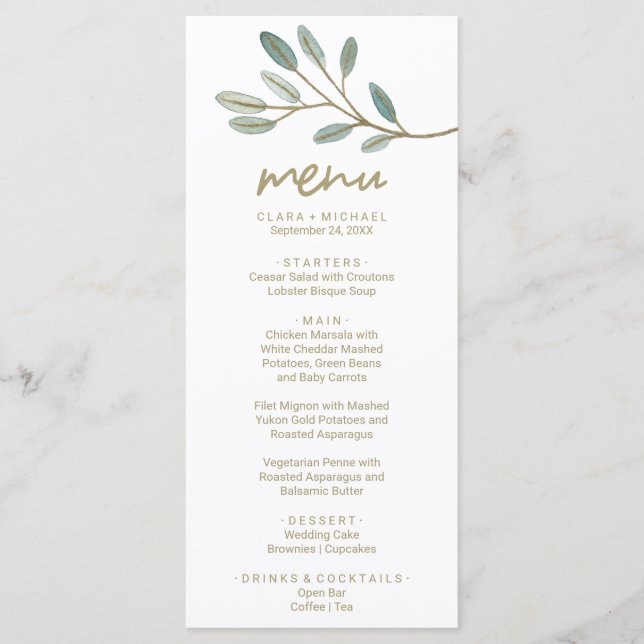 Gold Veined Eucalyptus Dinner Menu Card (Front)