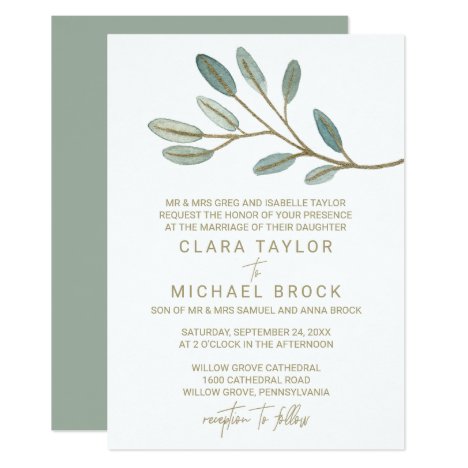 Gold Veined Eucalyptus Formal Wedding Invitation