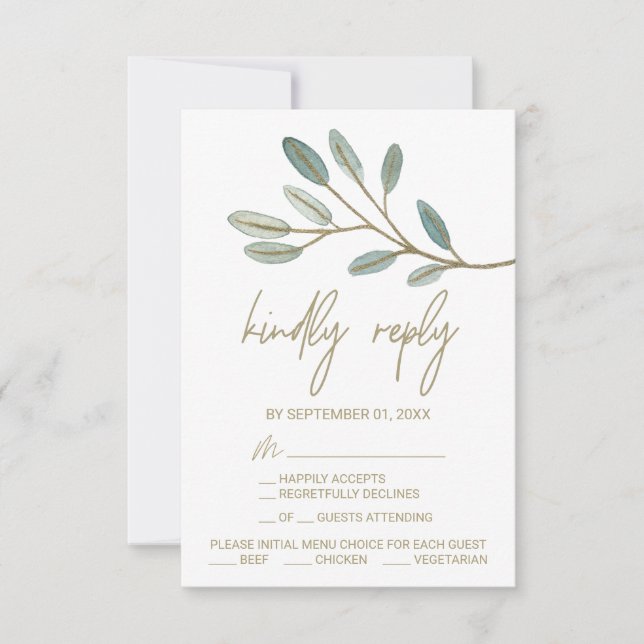 Gold Veined Eucalyptus Menu Choice RSVP Card (Front)