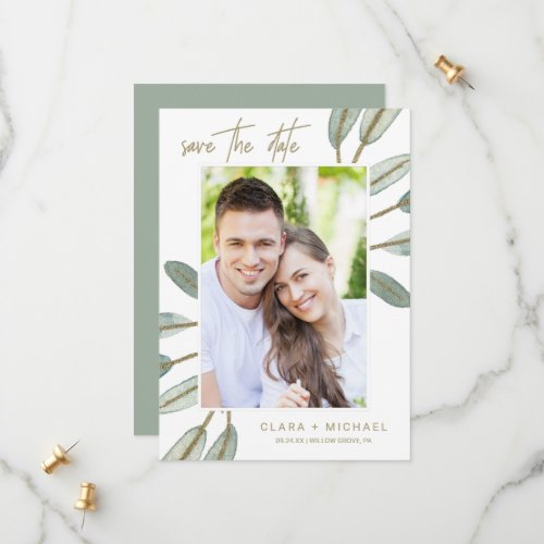 Gold Veined Eucalyptus Photo Save the Date Card