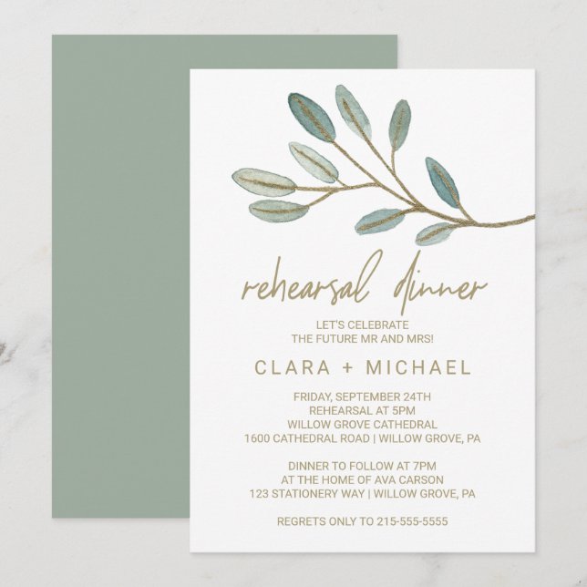 Gold Veined Eucalyptus Rehearsal Dinner Invitation (Front/Back)