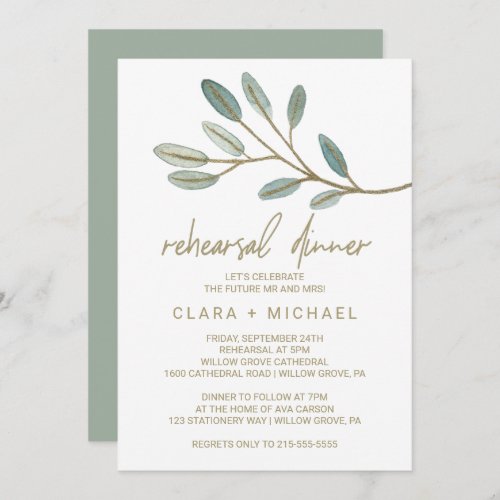 Gold Veined Eucalyptus Rehearsal Dinner Invitation