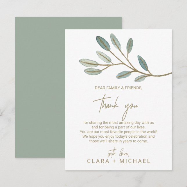 Gold Veined Eucalyptus Thank You Reception Card (Front/Back)