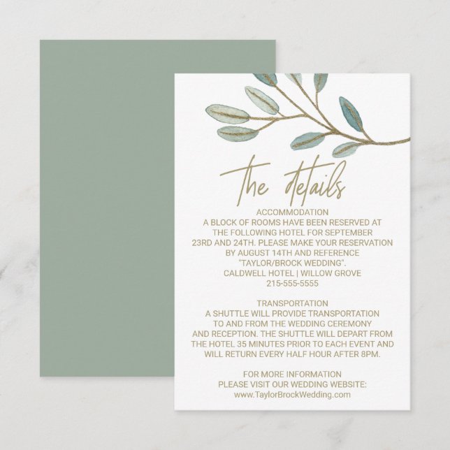 Gold Veined Eucalyptus Wedding Details Card (Front/Back)