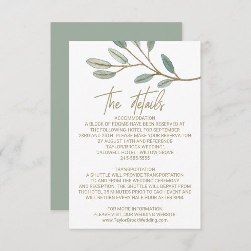 Gold Veined Eucalyptus Wedding Details Card