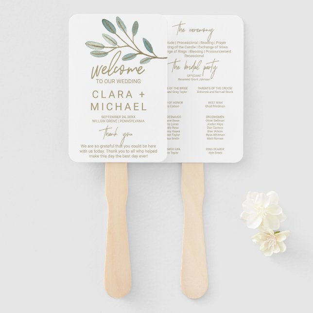 Gold Veined Eucalyptus Wedding Program Hand Fan (Front and Back)
