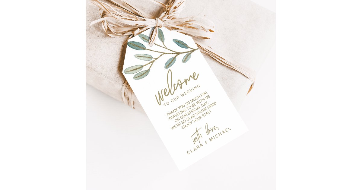 Gold Veined Eucalyptus Wedding Welcome Gift Tags | Zazzle