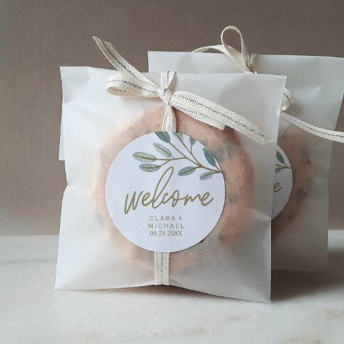 Gold Veined Eucalyptus Welcome Wedding Classic Round Sticker