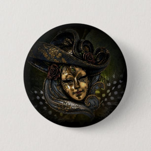 Gold Venetian carnival mask with blue hat Pinback Button