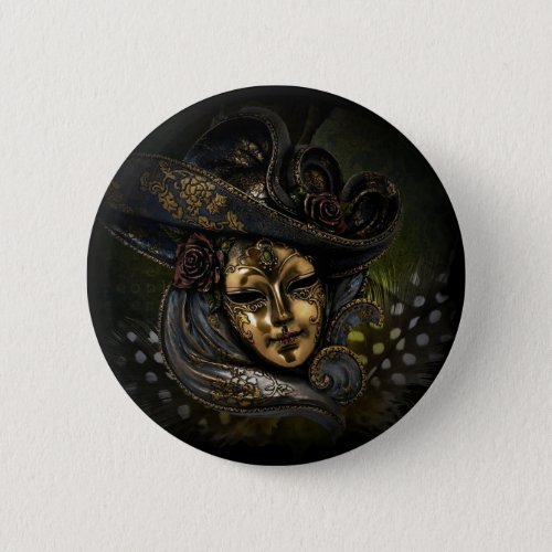 Gold Venetian carnival mask with blue hat Pinback Button
