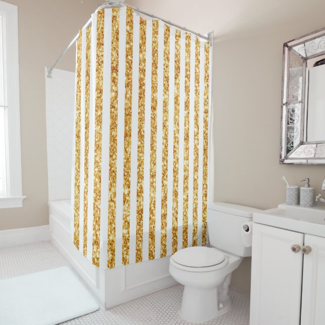 Gold Vertical Glitter Boho Stripes Collection Shower Curtain (In Situ)