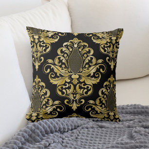 Gold Victorian Damask Pattern on Black Throw Pillow