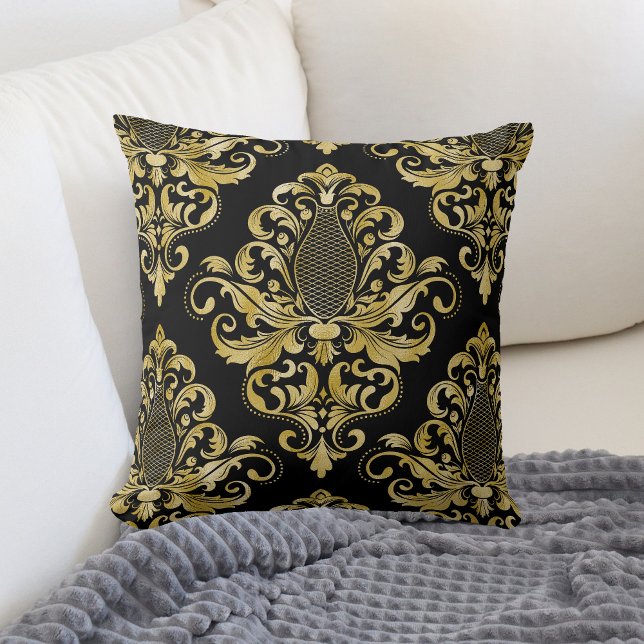 Gold Victorian Damask Pattern on Black Throw Pillow (Creator Uploaded)