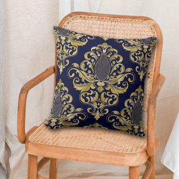 Gold Victorian Damask Pattern On Blue Throw Pillow by AvenueCentral at Zazzle