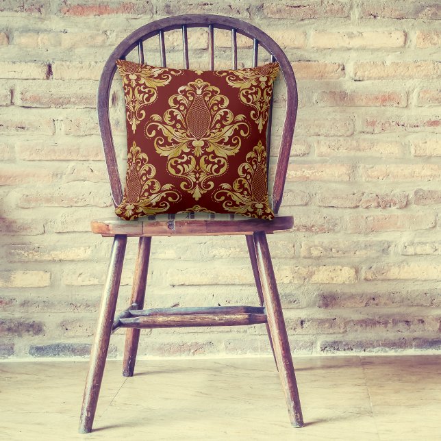 Gold Victorian Damask Pattern on Maroon Red Throw Pillow (Creator Uploaded)