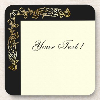Gold Victorian Floral On Black & Ivory - Coaster by LilithDeAnu at Zazzle