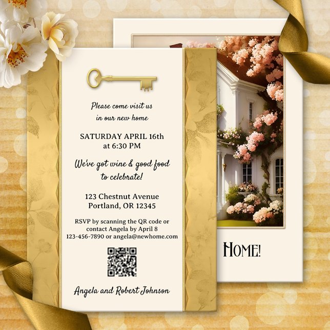 Gold Victorian Your Photo Housewarming  Invitation (Housewarming party invitation featuring a photo of your new home framed by an ivory design with gold)