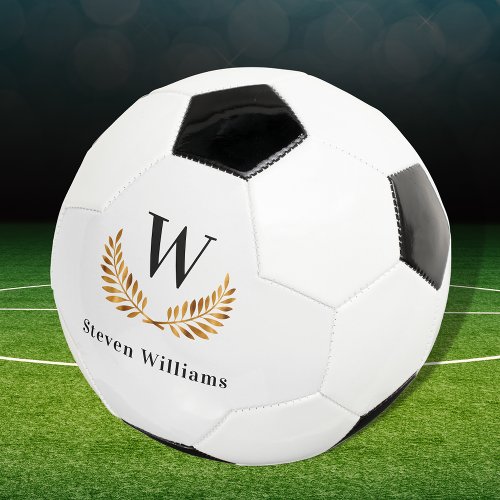 Gold victory laurel wreath monogram name soccer ball