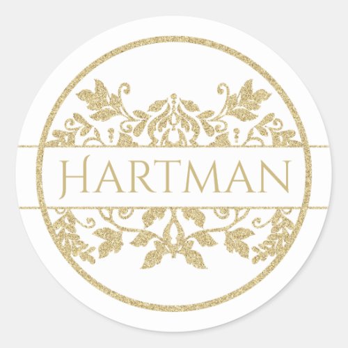 Gold Vine Floral Damask Emblem White Classic Round Sticker