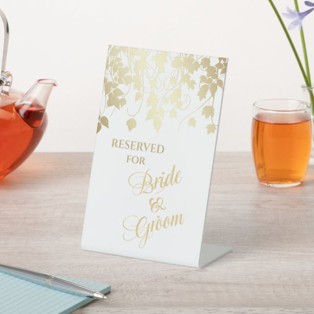 Gold Vine Leaf Border Bride and Groom Reserved Pedestal Sign (In SItu)