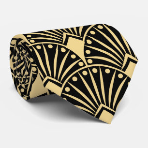 Gold Vintage Art Deco Pattern on Dark Gray Neck Tie