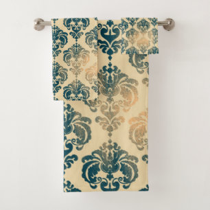Gold & Vintage Blue Rustic Modern Glam Damask Bath Towel Set