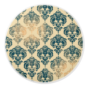 Gold & Vintage Blue Rustic Modern Glam Damask Ceramic Knob