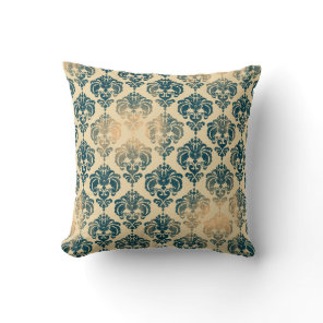 Gold & Vintage Blue Rustic Modern Glam Damask Throw Pillow