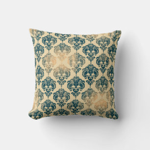 Gold & Vintage Blue Rustic Modern Glam Damask Throw Pillow